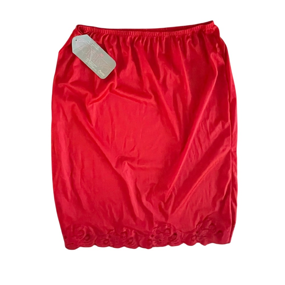 Vintage Berkliff Captiva Red Nylon Half Slip Lace Scalloped Hem Made in USA L